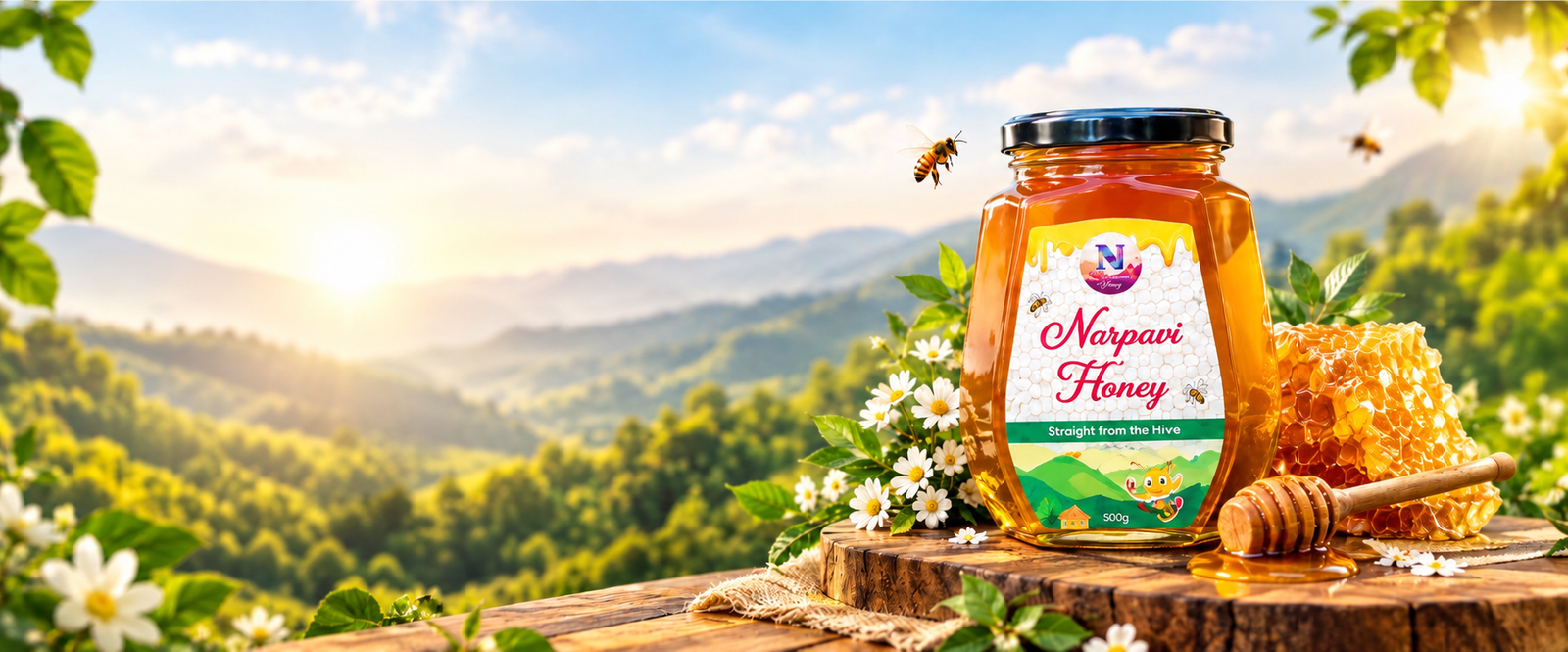 Narpavi honey jar with honeycomb, flowers and a honey dipper overlooking a sunlit mountain valley